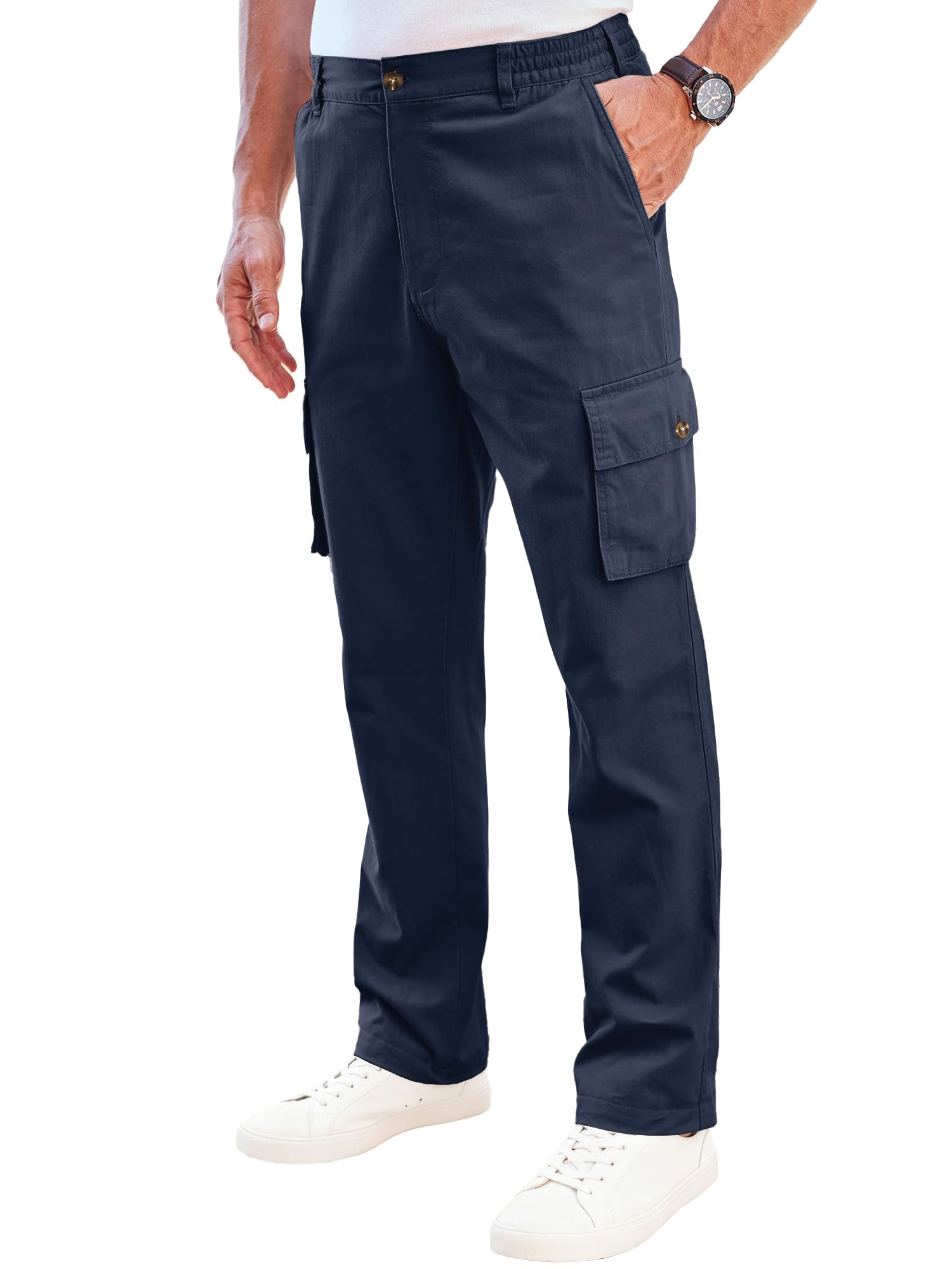PLEPAN Mens Casual Cargo Pants Cotton Elastic Waist Regular Fit Stretch Twill Work Pants with 6 Pockets