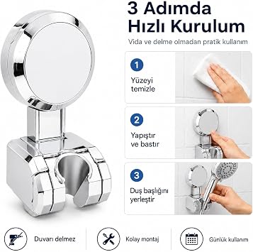 SOGUD Yapışkanlı Duş Başlığı Tutucu - Su Geçirmez Banyo Duvar Aparatı - Delmeden Kolay Montajlı Ayarlanabilir Duş Askısı - Kaymaz Sabitlemeli Krom El Duşu Tutucu