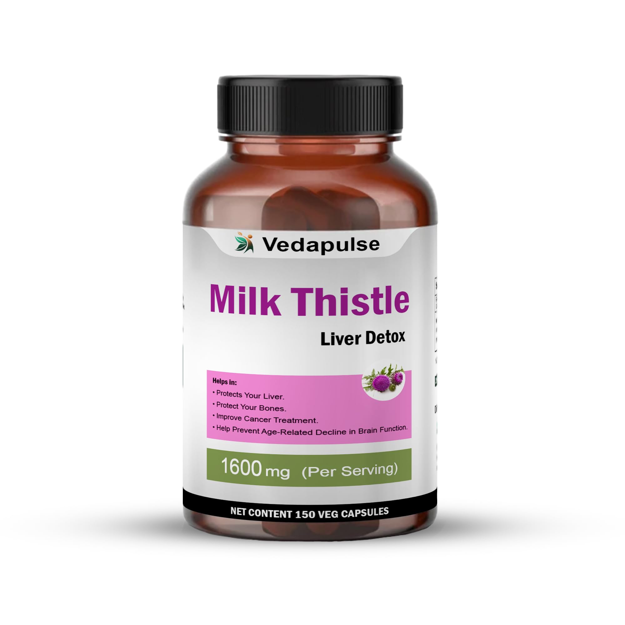Vedapulse Organic Milk Thistle Extract 1600 Mg for Liver Health - 150 Vegetarian Capsules