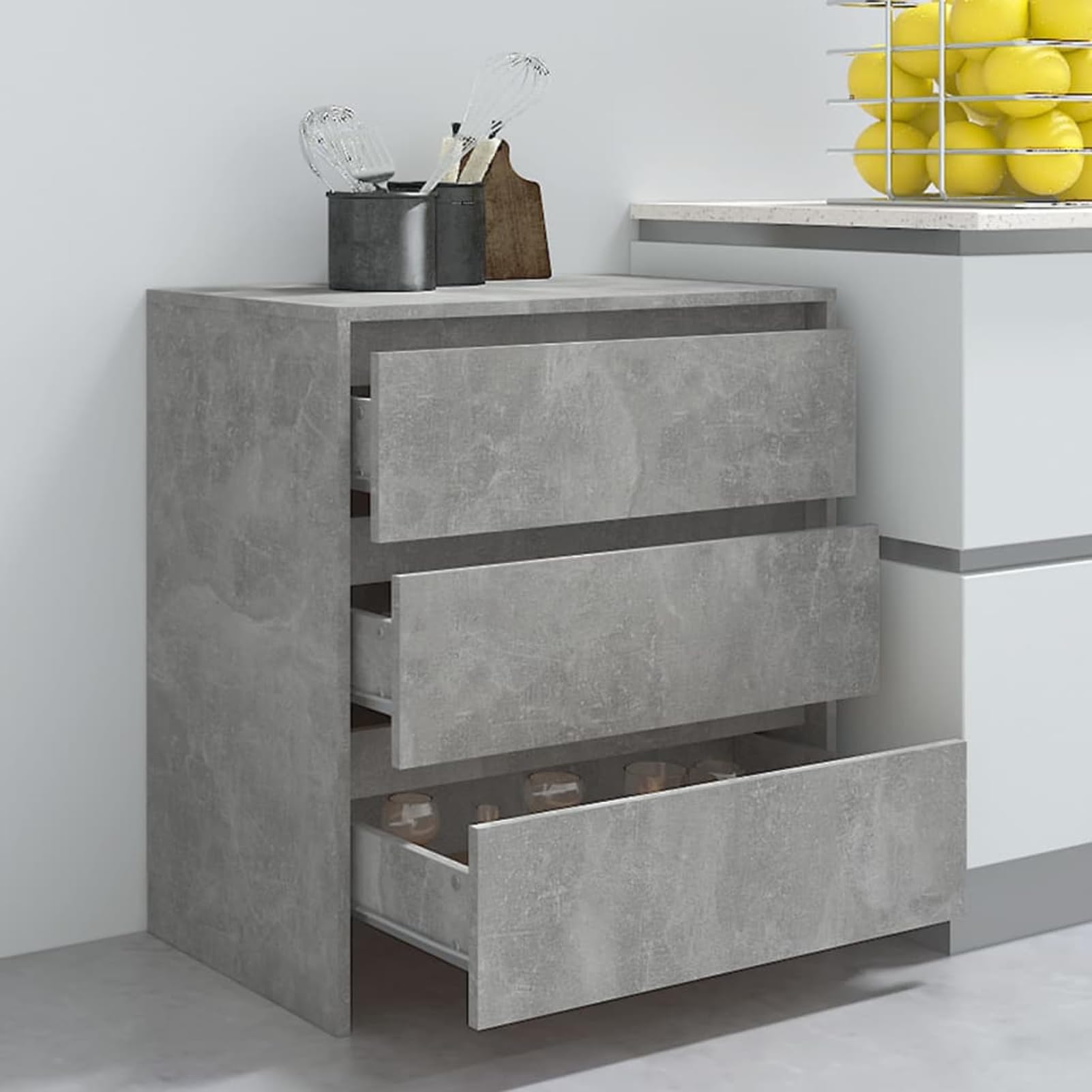 Kredens szary betonowy, 70 x 41 x 75 cm, materiał drewnopochodny z 3 szufladami – minimalistyczny mebel do salonu zapewnia porządek w przestrzeni do przechowywania i dekoracji
