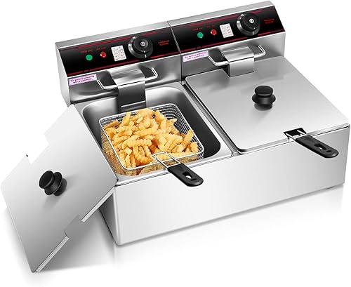 Giantex Freidora comercial de 3400 W, tanque doble, freidora eléctrica de acero inoxidable de 12.8 cuartos de galón con 2 cestas, tapas y control de