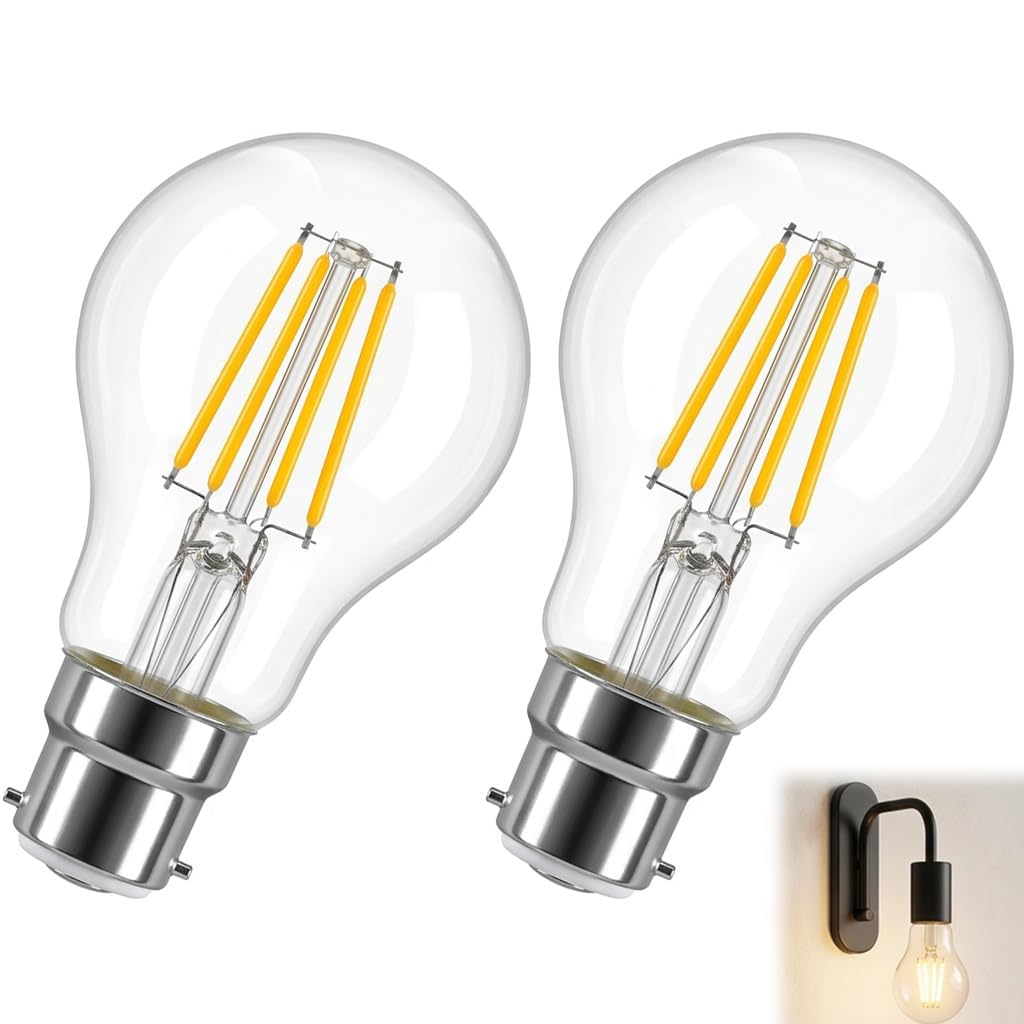 poluu B22 Bayonet Light Bulb, A-Rated Ultra-Efficient LED Bulb 4W(=60W) Energy Saving Edison Screw Bulb 806lm 2700K Warm White 50000H Lifespan Clear Filament Vintage Glass A60 Non-Dimmable 2 Pack