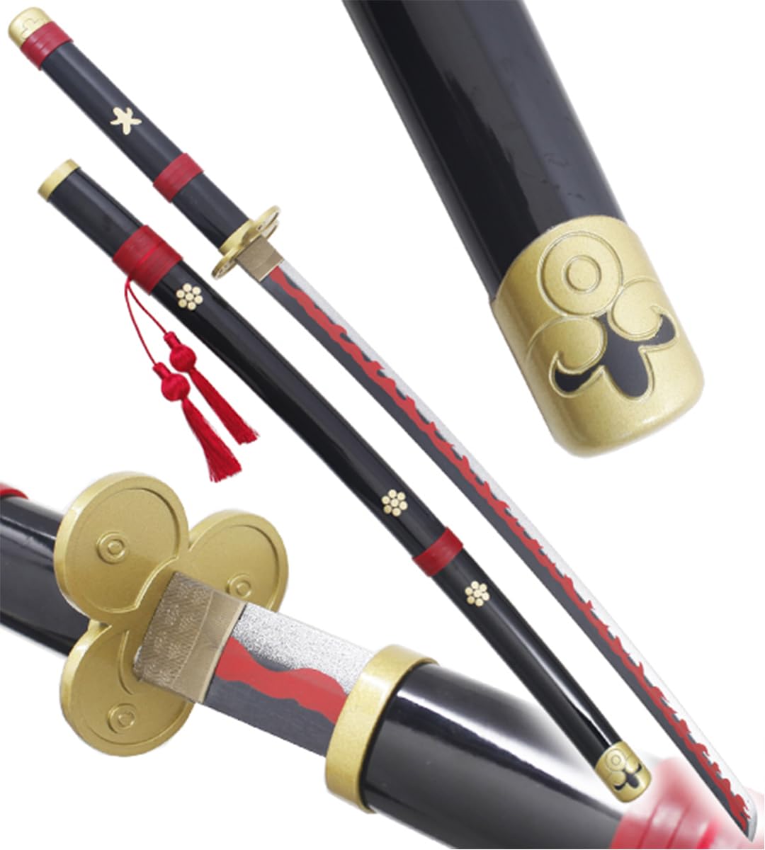 One Piece Katana Enma en Bois - Sabre Zoro Black Edition - Meito Katana avec Support et Ceinturon Noir Porte-Épée