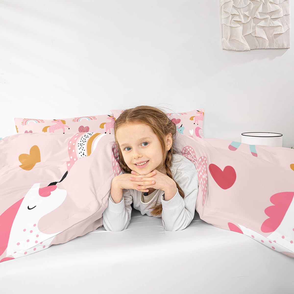 Loussiesd Unicorn Bedding Set Kids Cute Cartoon Unicorns Comforter Cover Set for Girls Pink Duvet Cover Breathable Rainbow Bedspread Cover King Size Zipper with 2 Pillowcases - Image 3