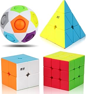 Roxenda Speed Cube Set, Speed Cube Bundle of 2x2 3x3 Pyramid Cube and Magic Rainbow Ball Smoothly Magic Cubes Collection for Kids Teens & Adults [4 Pack] (Stickerless)