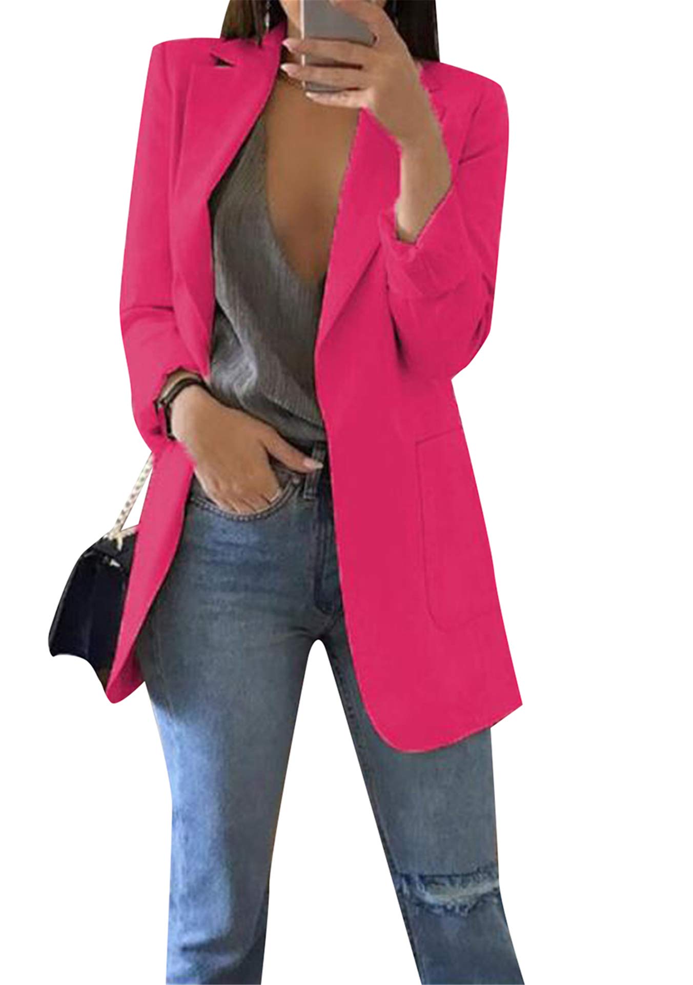 EFOFEI Women's Solid Color Blazer Round Neck Jackets Casual Slim Fit Long  Sleeve Blazer Plus Size, Rose, L