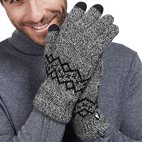LETHMIK Wool Lined Knit Gloves Warm Winter Mens 3 Touchscreen Fingers for SmartPhones Black
