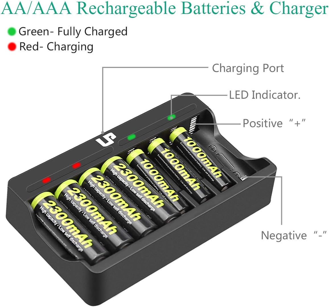 LP AA AAA Battery Charger Pack, 8 Slot Charger & 2300mAh AA (4-Pack) & 1000mAh AAA (4-Pack) Ni-MH Rechargeable Battery for Wireless Mouses, Kids Toys, Remotes, Microphones, Game Controllers & More