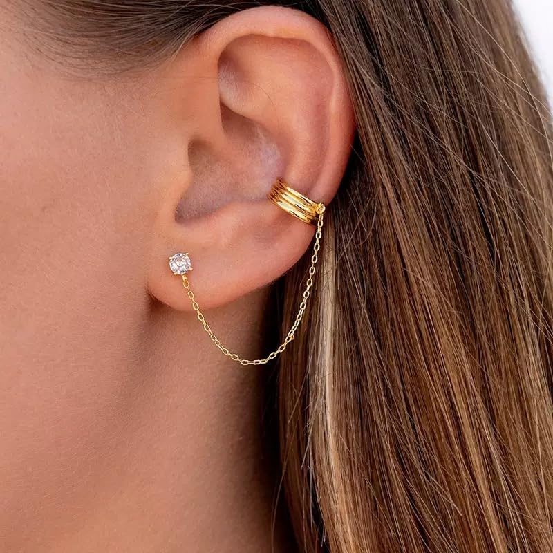 Ear Cuff 14k Dainty Gold/Silver Double Chain Earrings Tassel Drop Dangle Small Hoop Clip Earrings, Chain Climber Crawler Earrings for Women Cartilage Double Cuff Gifts Bff Birthday2