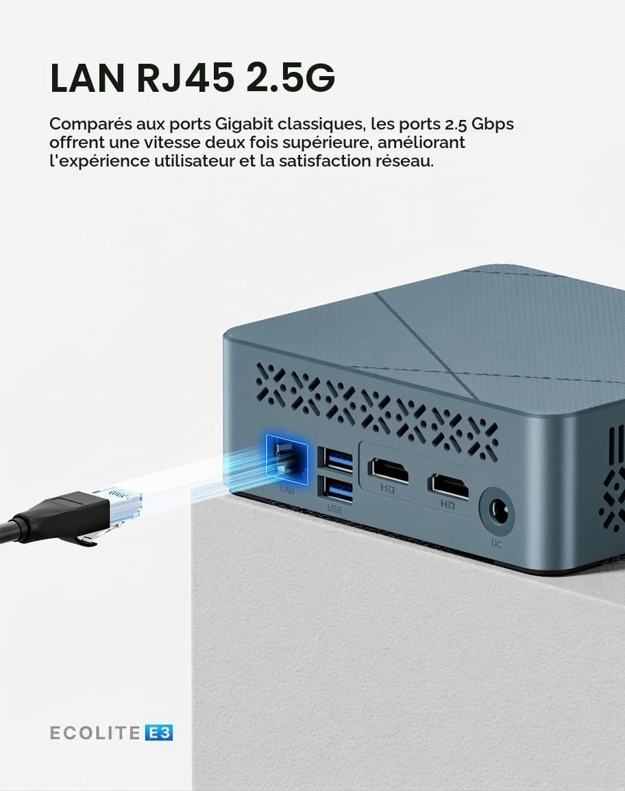 BOSGAME E3 Neo Windows 11 Pro Business Mini PC Intel N95, 4 cœurs, 4 Threads, jusqu'à 3,4 GHz, 16 Go DDR4 RAM, SSD 512 Go, Triple écran 4K @ 60 Hz, HDMI, Type-C, USB3.2, LAN, BT 5.0, Wi-FI 5