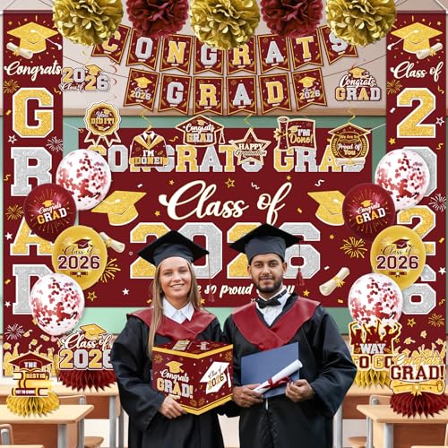 Image of Graduation Decorations Class of 2026 Maroon and Gold Graduation Decorations with Congrats Grad Banner,Backdrop,Porch Sign,Balloons,Hanging Swirls,Honeycomb Centerpieces,Box for Graduation Party Decor