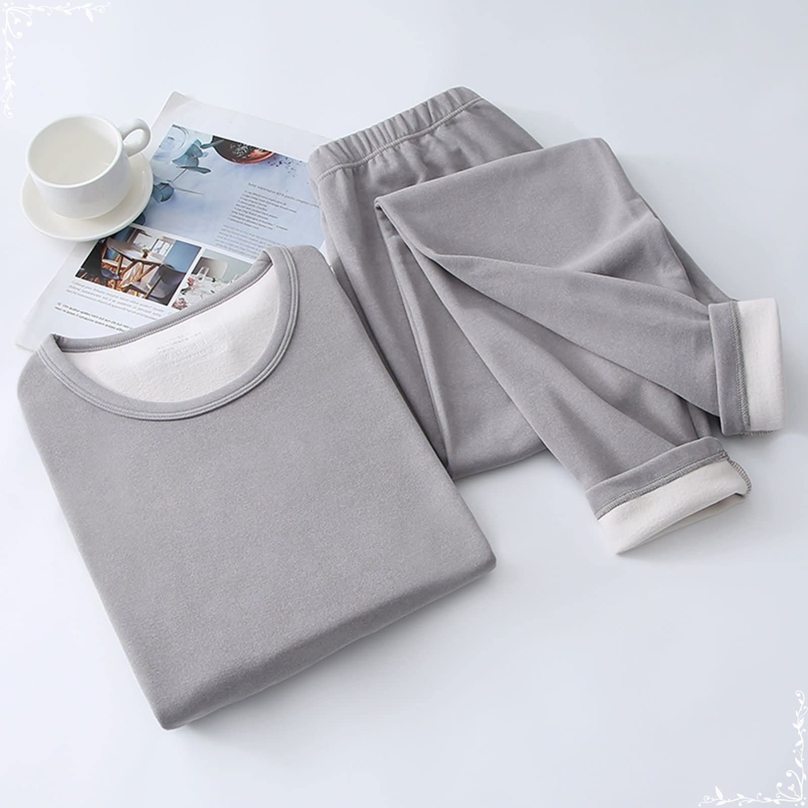 Ropa Interior Térmica Interior para Hombre, Algodón Conjunto Térmico Gris Claro, Cuello Redondo Funcional Camiseta Termica y Pantalon Múltiples Tamaños