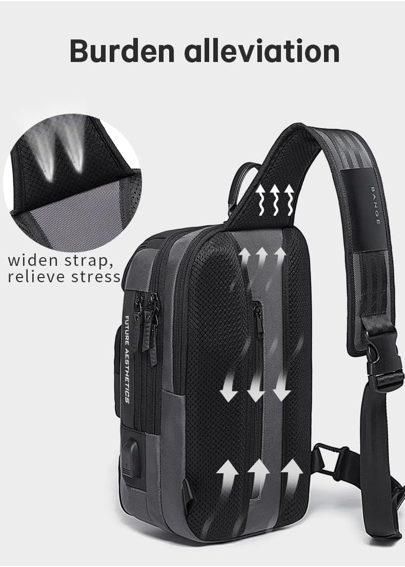 Men's Chest Backpack Unisex USB Crossbody Bag Men's Fashion Casual Shoulder Bag Single Shoulder Bag (Black
