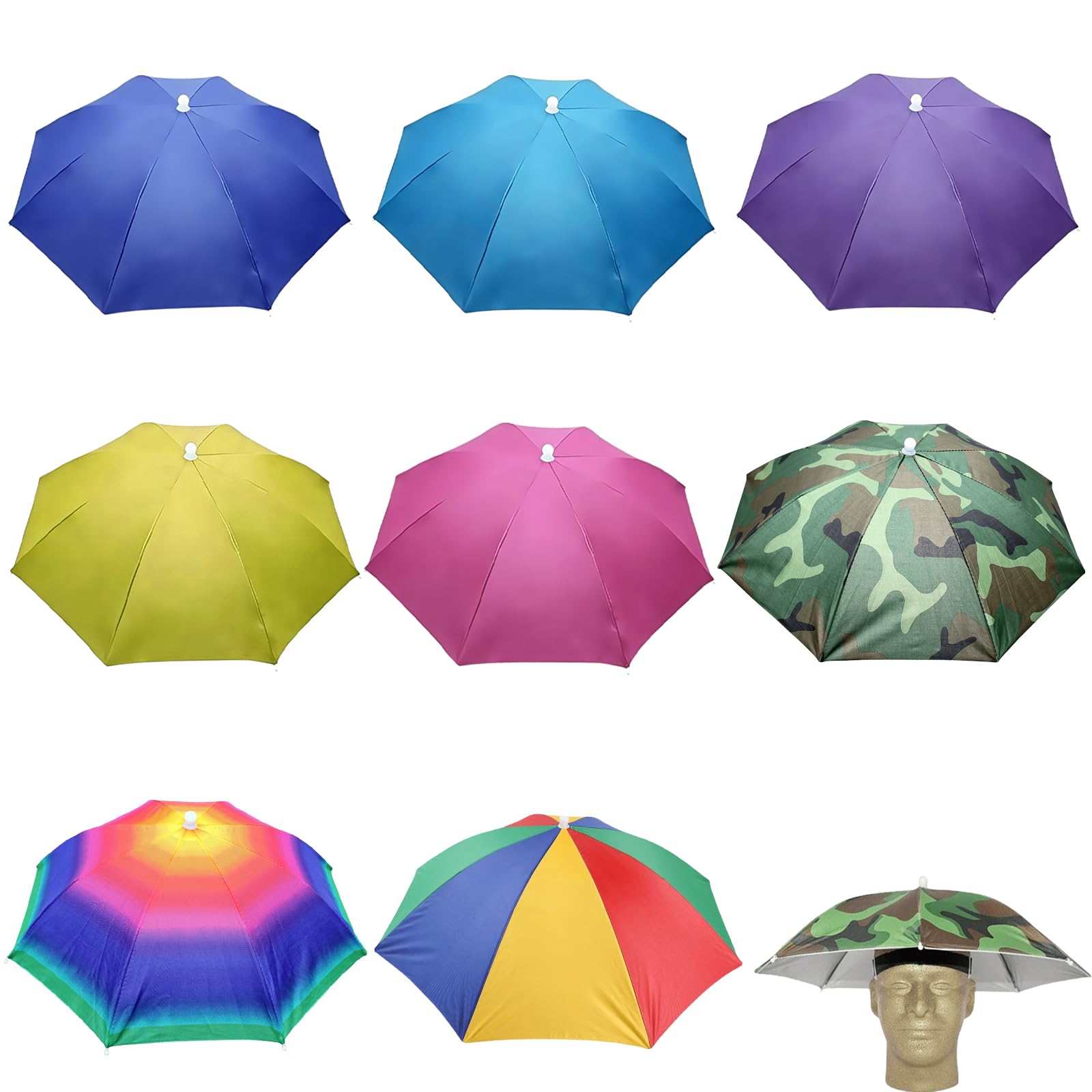 Lot de 8 chapeaux de parapluie pliables de 69 cm - Contre les UV à 360 ° - Pour adultes - Avec bande élastique - Pour la pêche, le camping, les activités de plein air