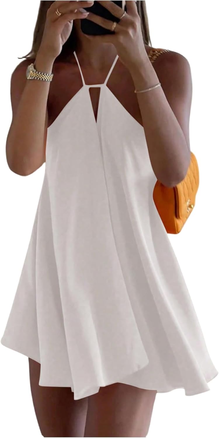 SOLY HUX Women's Halter Neck Sleeveless Bow Tie Backless Flowy Mini Dress Beach Vacation Clothes