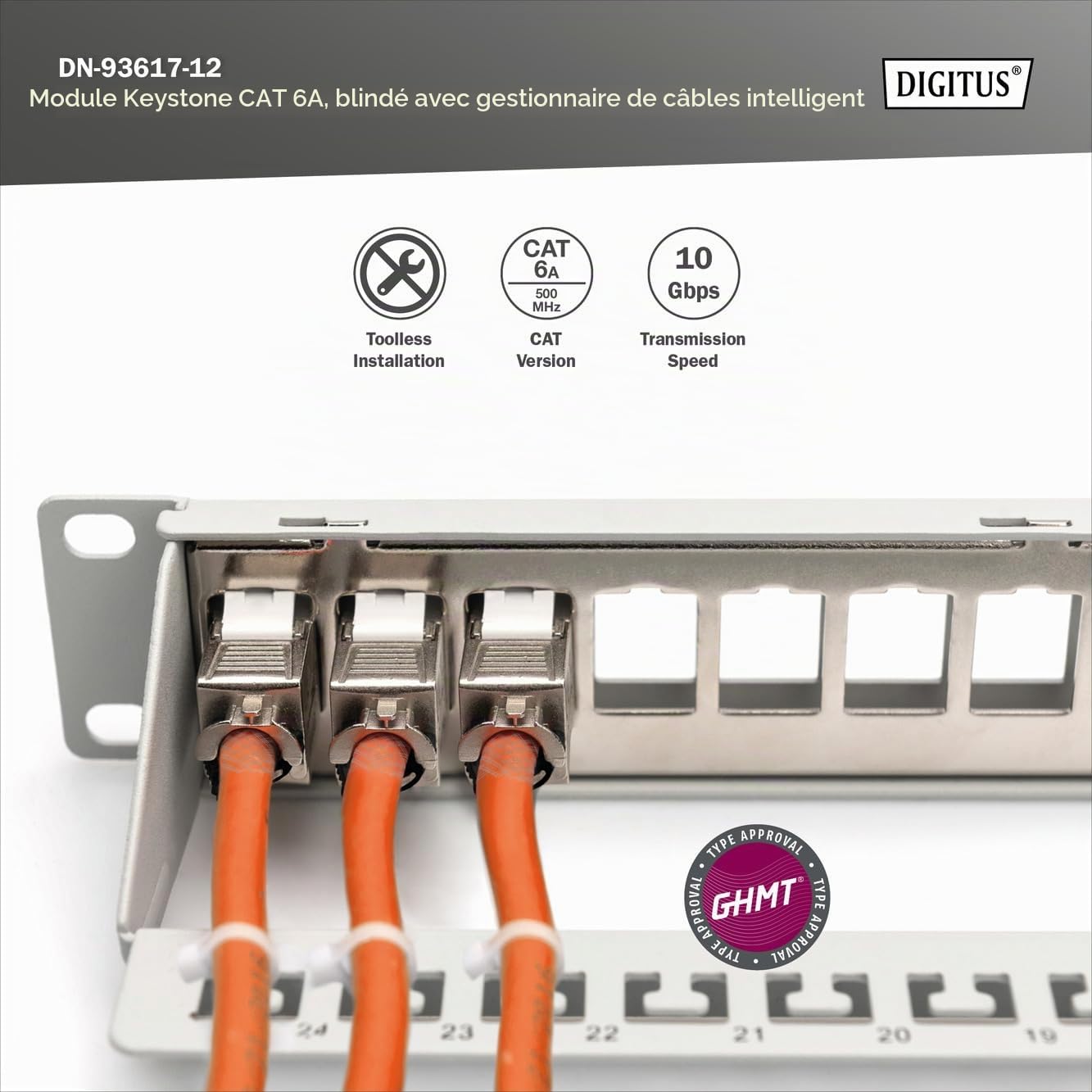 DIGITUS Module Keystone Cat 6A – 12 pièces – Organisateur de câbles | Blindé – Sans outil – LSA – PoE++ – AWG 26-22 – prise RJ45 – 500 MHz 10Base-T – 10 Gbit/s – Pour panneaux de brassage