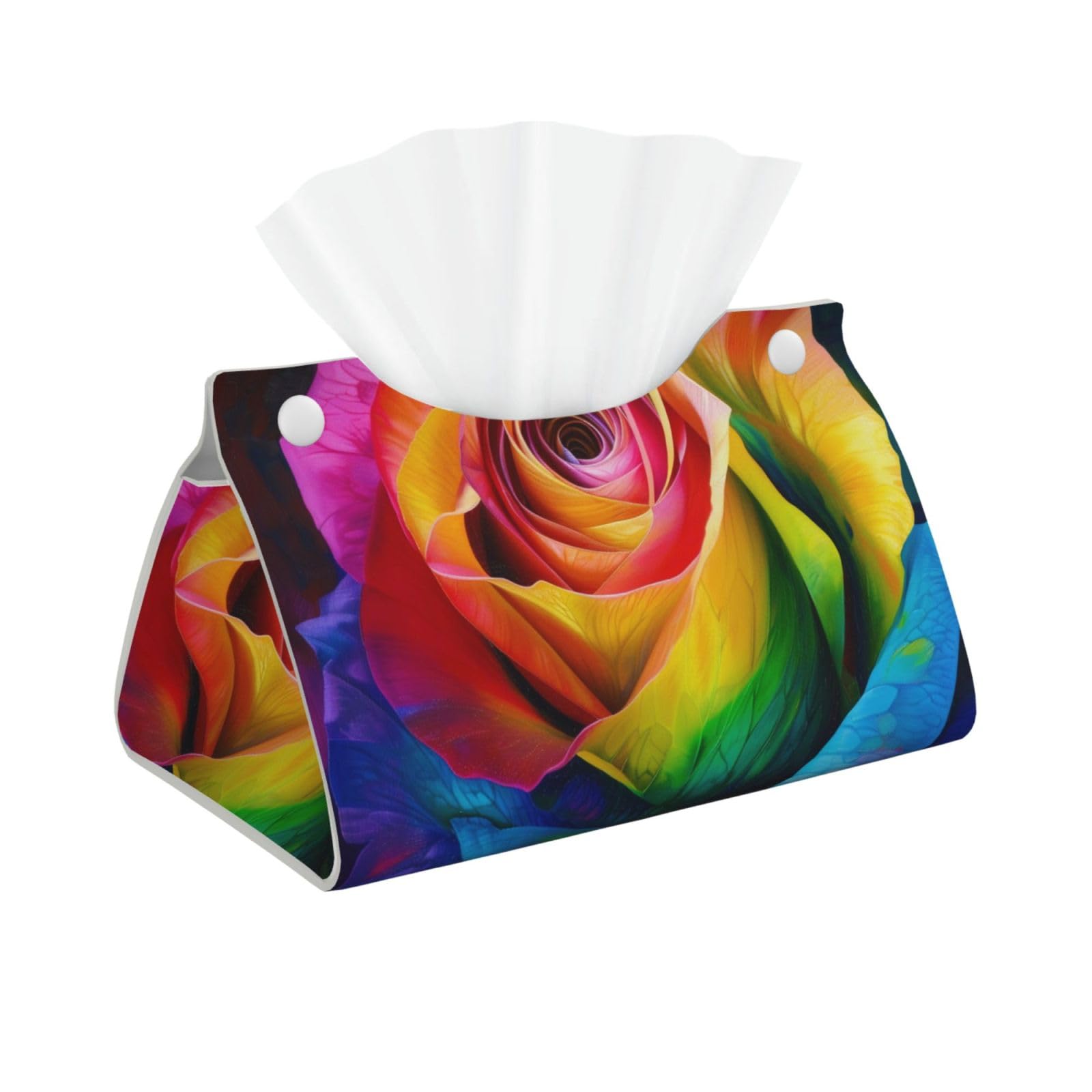 Rainbow Rose Flower Print Tissue Box Cover Foldable Tissue Storage Box Leather Tissue Cube Box Holder for Living Room Bedroom Office Car Home Decor