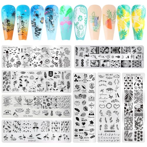 8pcs Summer Nail Stamping Plate Kit - Ocean Flower Fruit Nail Stamping Kit Spring Summer Nail Art Template Stencil Manicure Tool Reusable Salon Accessories Supplies for DIY Home Use
