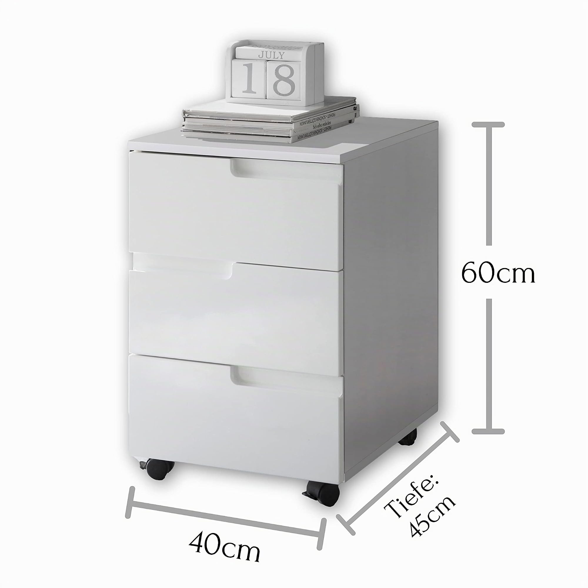 Stella Trading SPICE Rollcontainer Schreibtisch in Hochglanz Weiß - Mobiler Büroschrank mit Schubladen - Modernes Büromöbel Komplettset - 40 x 60 x 45 cm (B/H/T)