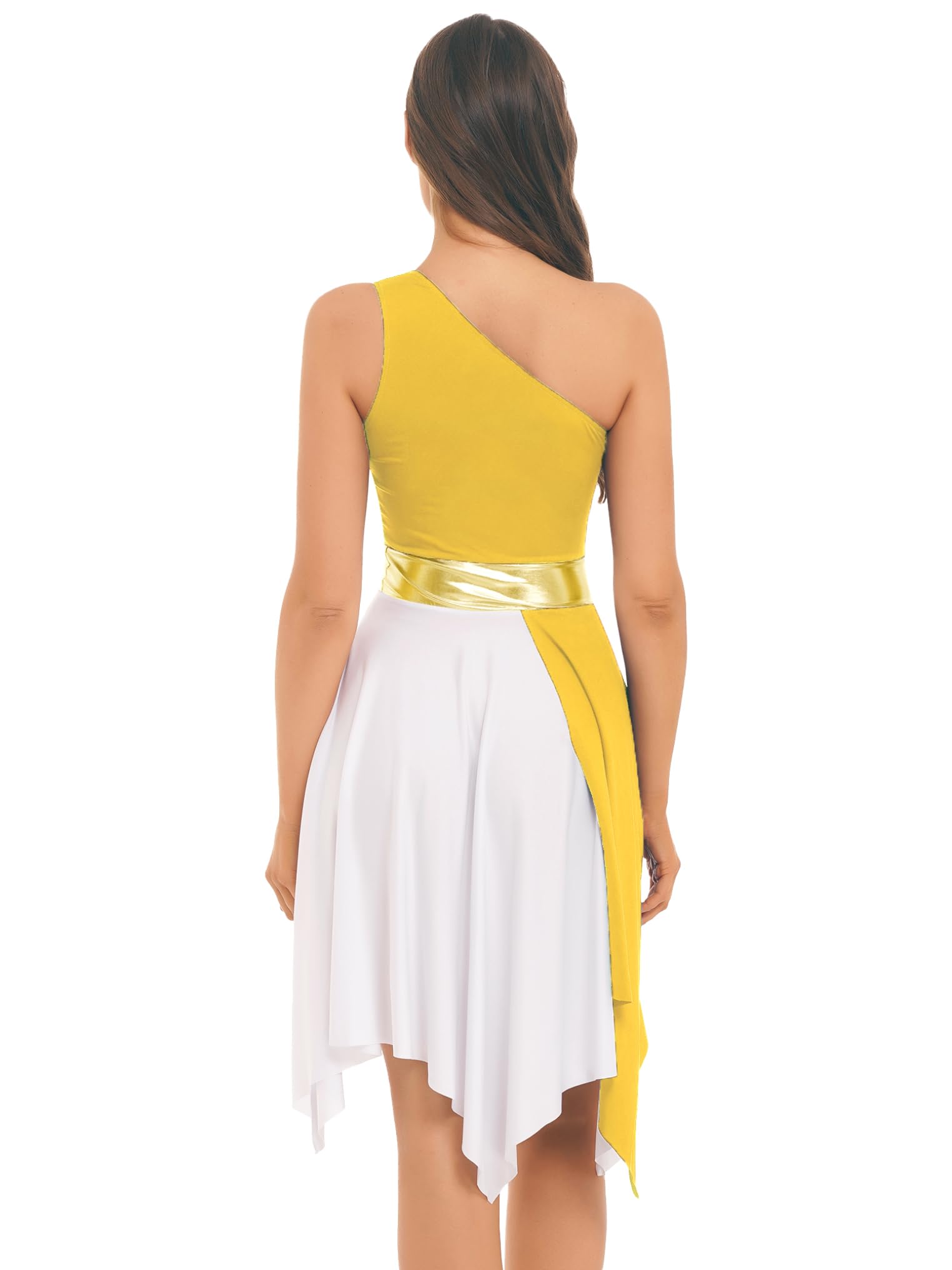 YEAHDOR Women's Asymmetrical Liturgical Praise Dress One Shoulder Color Block Worship Tunic Lyrical Dance Dress Yellow Medium