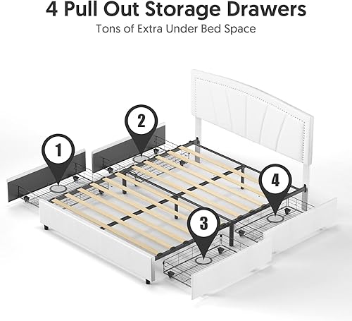 Miniatura 5 de BONSOIR Base de cama tapizada de tamaño matrimonial con plataforma tradicional tapizada de perfil bajo con cabecera copetuda y clavos, no necesita