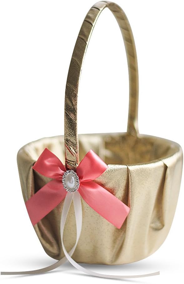 Gold & Coral Wedding Ring Bearer Pillow and Flower Girl Basket Set – Satin & Ribbons – Pairs Well with Most Dresses & Themes – Splendour Every Wedding Deserves