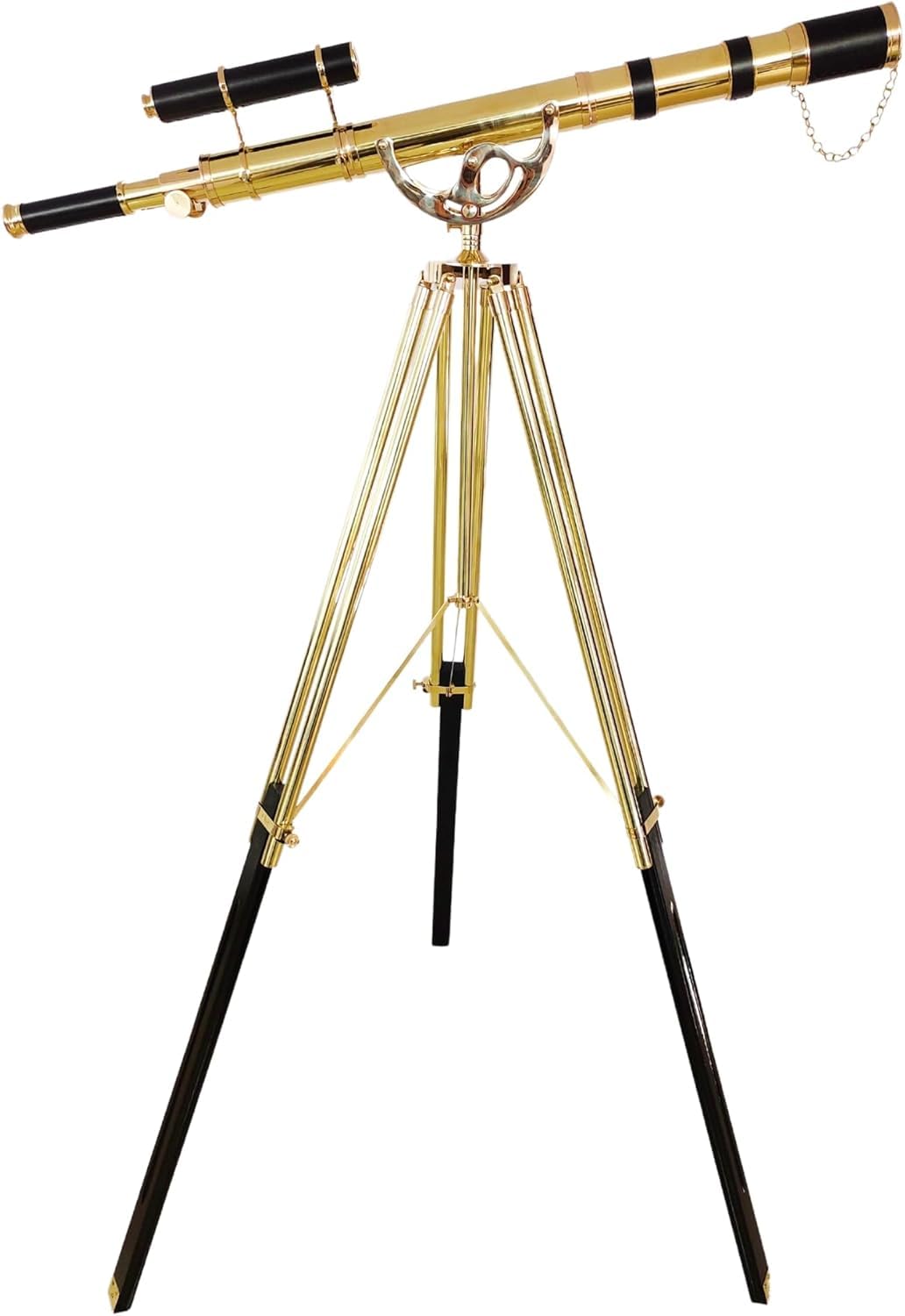 Royal Vintage Floor Standing Brass Telescope Double Barrel Nautical Shiny Finish Leather Half Moon Design Adjustable Wooden/Brass Black Tripod Marine