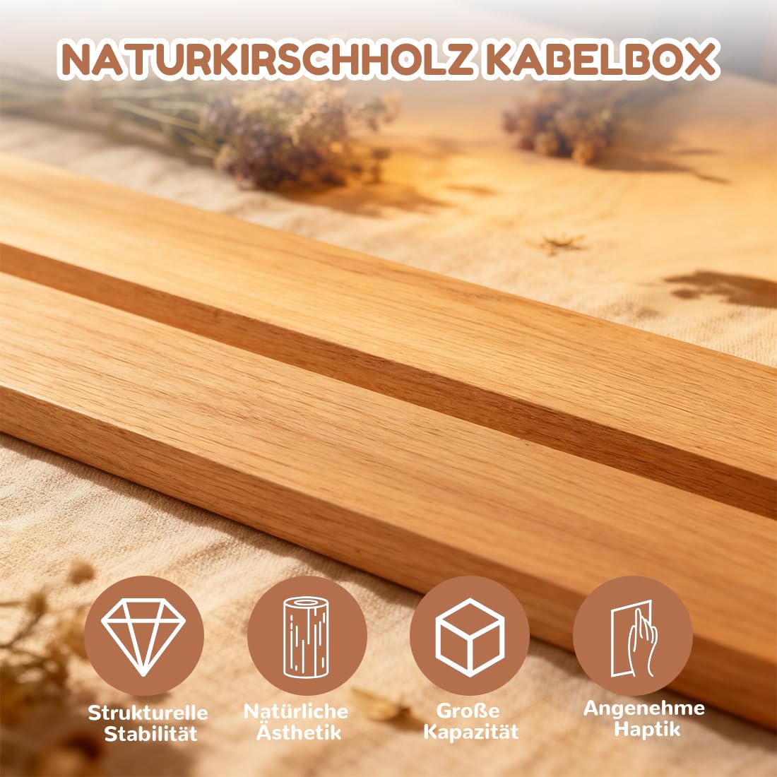 Kabelbox Holz Groß, Kabelmanagement Box, Bxtxh 30.5x14x13.3 CM, Cable Management Box, Kabelaufbewahrung B-ox, Natürliches Kirschholz für Drahtmanagement, Kabel Verstecken
