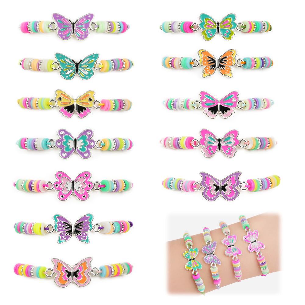AUAUY 12 Stück Freundschaftsarmband Kinder Einstellbare Geflochten Armbänder Bunte Tonperlen Perlen Armbänder Set Kinderschmuck Als Geschenk für Mädchen Kinder Mitgebsel Geburtstag Party-Schmetterling