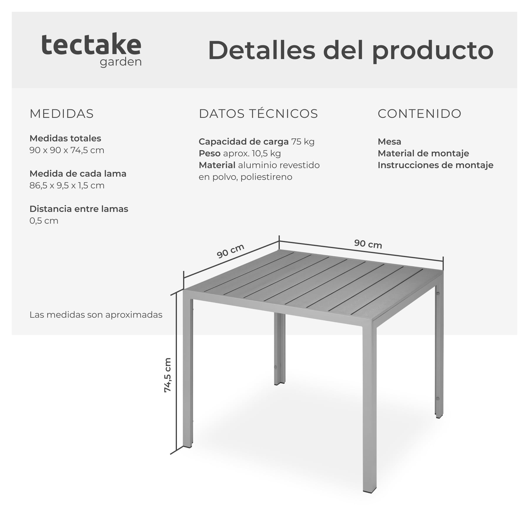 tectake® Mesa Jardín Exterior de Aluminio 90x90x74,5cm, Mesa Terraza, Patas Ajustables y con Topes, Mueble Jardín Resistente a Intemperie, Fácil Montaje - Plata