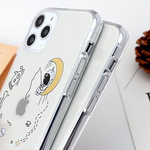Miniatura 5 de Paquete de 2 fundas transparentes de astronauta de dibujos animados para iPhone de 11 pulgadas, diseño de planeta espacial, silicona suave, TPU,