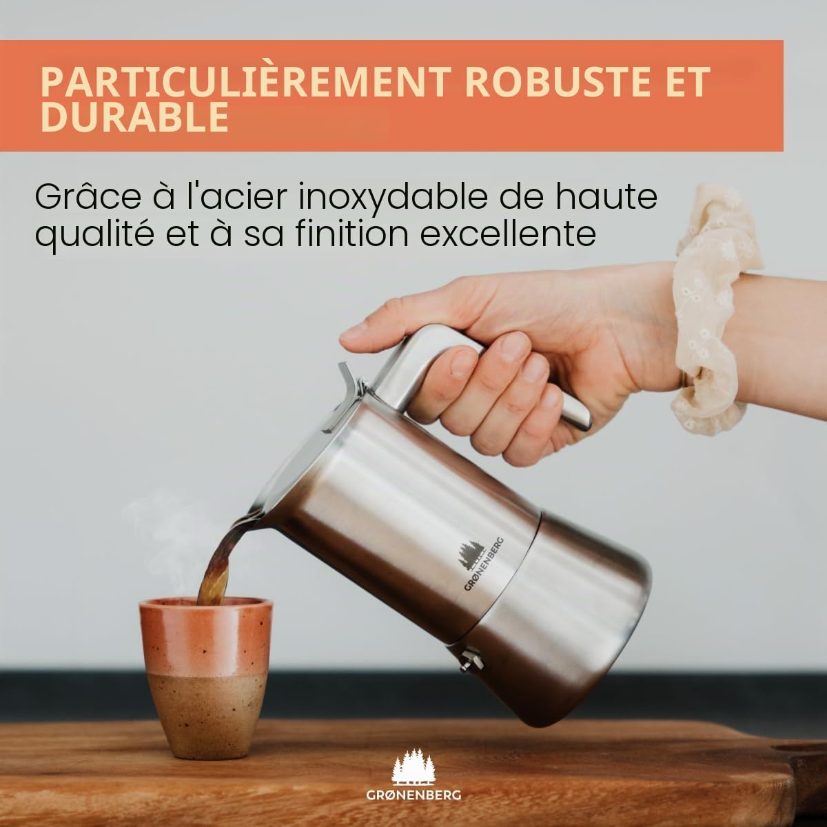 Groenenberg Promo Pack 4 | Cafetiere italienne (acier inox) 4 tasses (200ml) + Moulin à café manuel | Moka induction + filtre réducteur