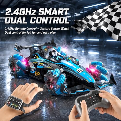 Image of VGRASSP 4WD Dual Control R1 Drift Stunt Mist Car Toy for Kids with Lights, Music - Rechargeable 360 Rotating RC Smoke Car with 2.4GHz Remote Control and Gesture Wrist Controller - Multicolor