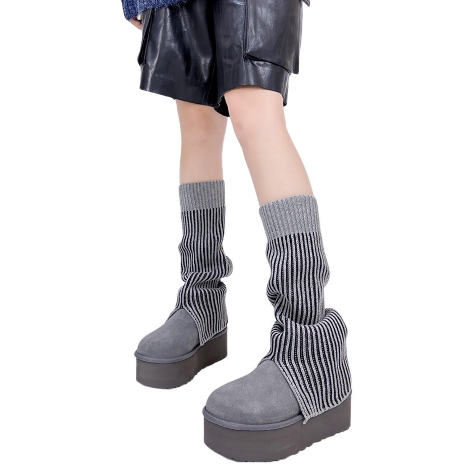 Fashion Striped Print Leg Warmers for Women Flared Slit Hem Y2k Retro Long Socks