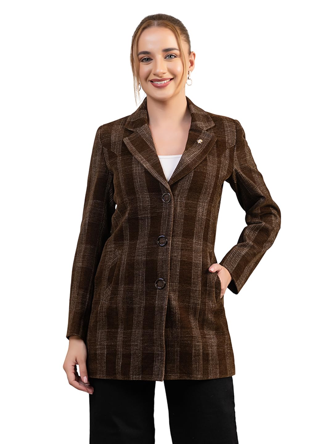 twenty me Winter Wear Casual Wear Outdoor Wear Chenille Checked Notch Lapel Full Sleeve Women's Coat (4379)-picture-17