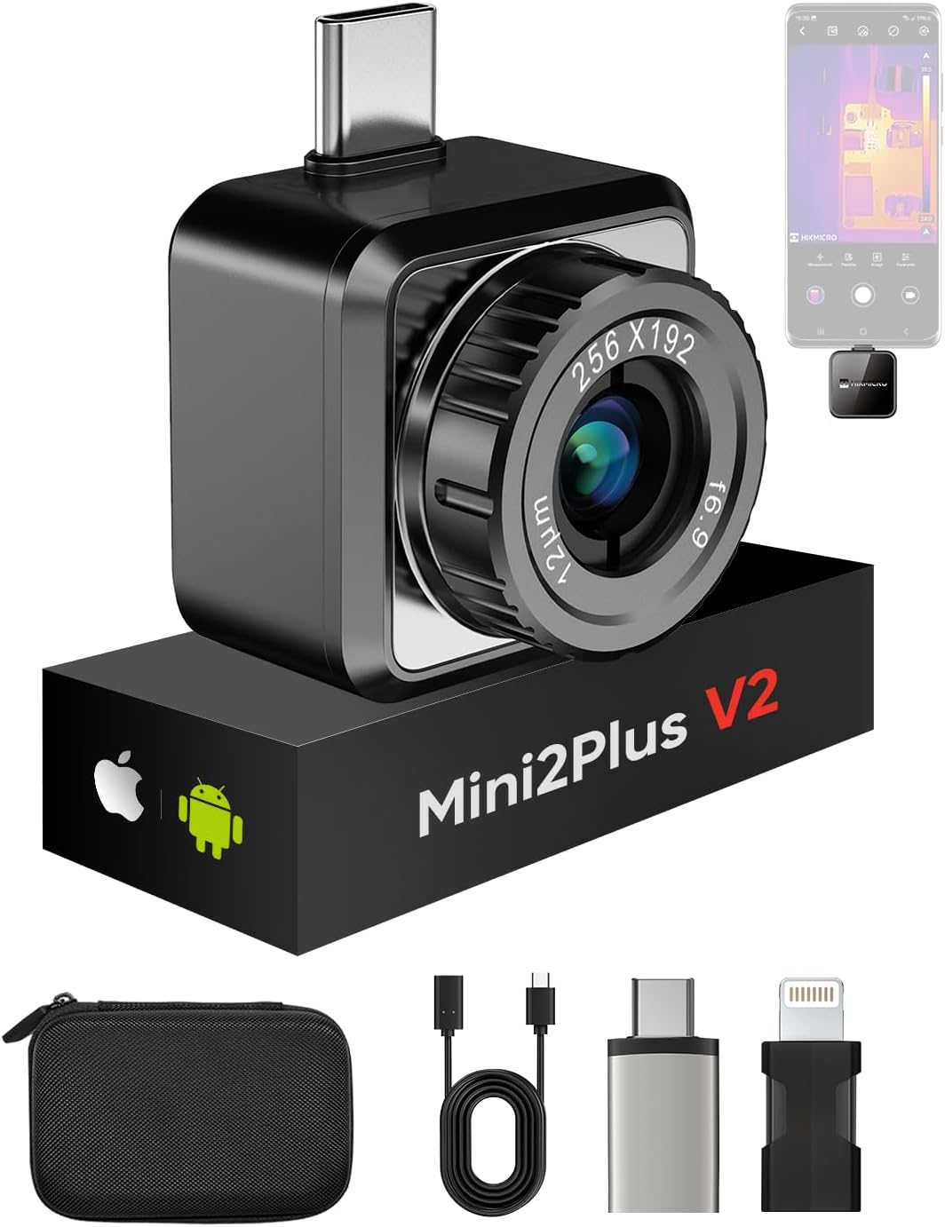 Mini2Plus V2 Thermal Camera - iOS/Android, 256x192 IR, 512x384 SuperIR, Adjustable Lens, 25Hz, No Battery, for Phone/Tablet/PC, USB-C/Lightning Port (Adapter Included, support iPhone 15)