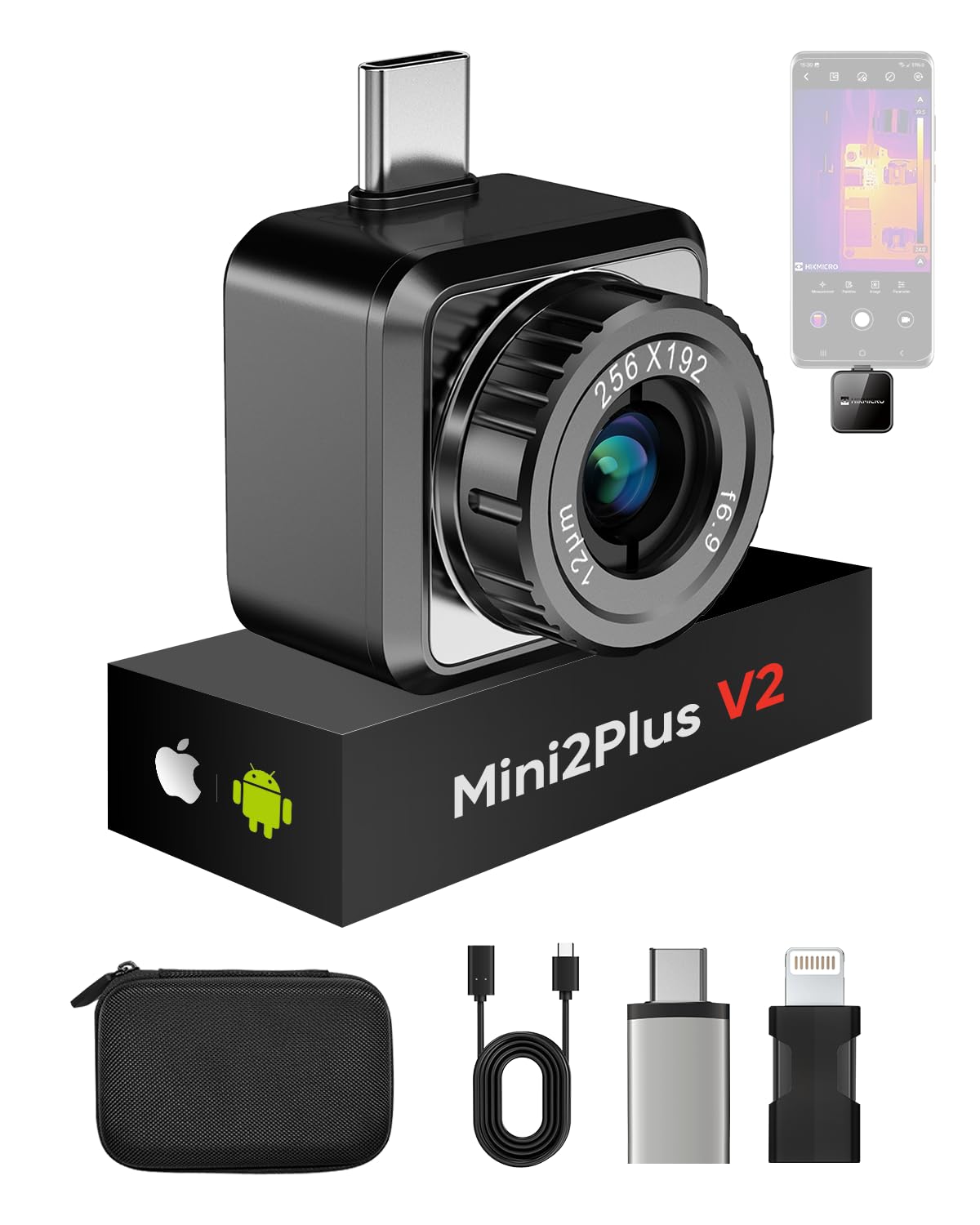 HIKMICRO Mini2Plus V2 Thermal Camera - iOS/Android, 256x192 IR, 512x384 SuperIR, Adjustable Lens, 25Hz, No Battery, for Phone/Tablet/PC, USB-C/Lightning Port (Adapter Included, support iPhone 15)
