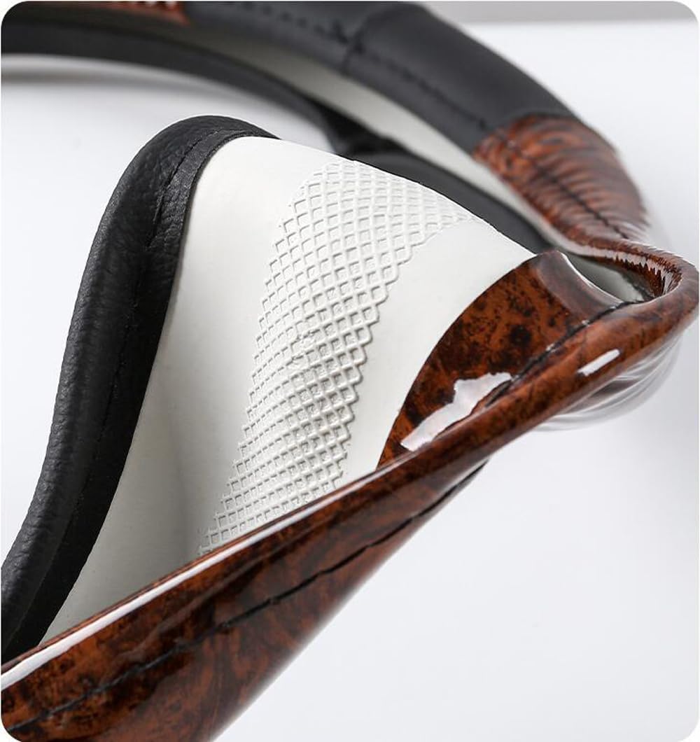 Classic Style Steering Wheel Cover Peach Wood Grain Four Seasons Universal Breathable Anti-Slip Car Wheel Protector 15 Inch Fit (Brown)