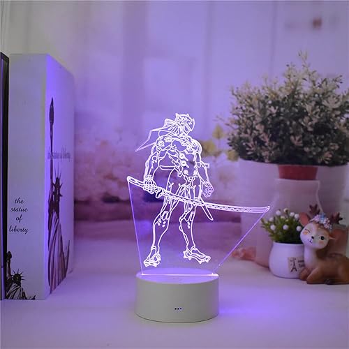 Miniatura 5 de HUIYANG Overwatch Genji - Luz nocturna con temática de juego, luz LED 3D, USB, control remoto, lámpara de mesa para decoración del hogar, luz de