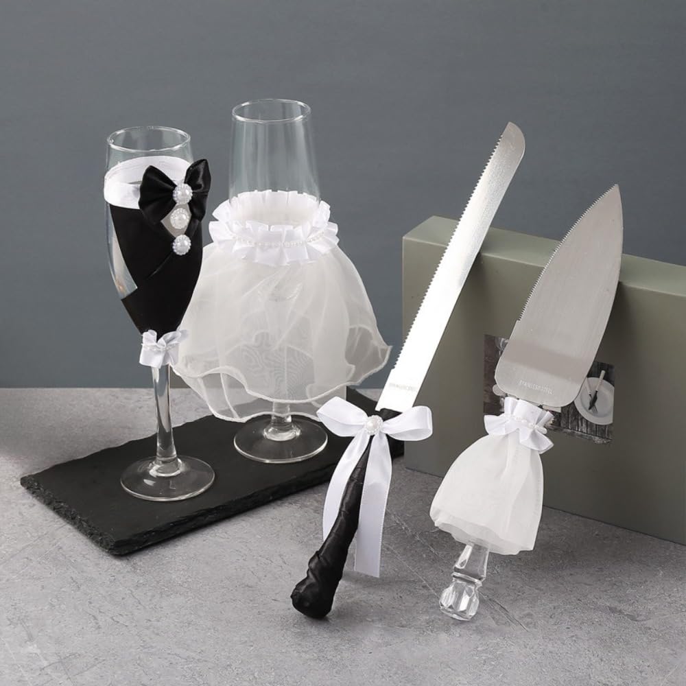 Set of 4 Pieces Wedding Supplies Dress Champagne Glass and Cake Server Set- 2 Toasting Champagne Flutes 1 Pie Server and 1 Cutting Knife Bride Groom Gifts (Black White-H) Home & Kitchen