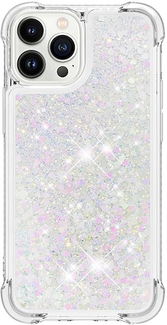 LEMAXELERS for iPhone 14 Pro Bling Glitter Liquid Case. YBL Silver Pink
