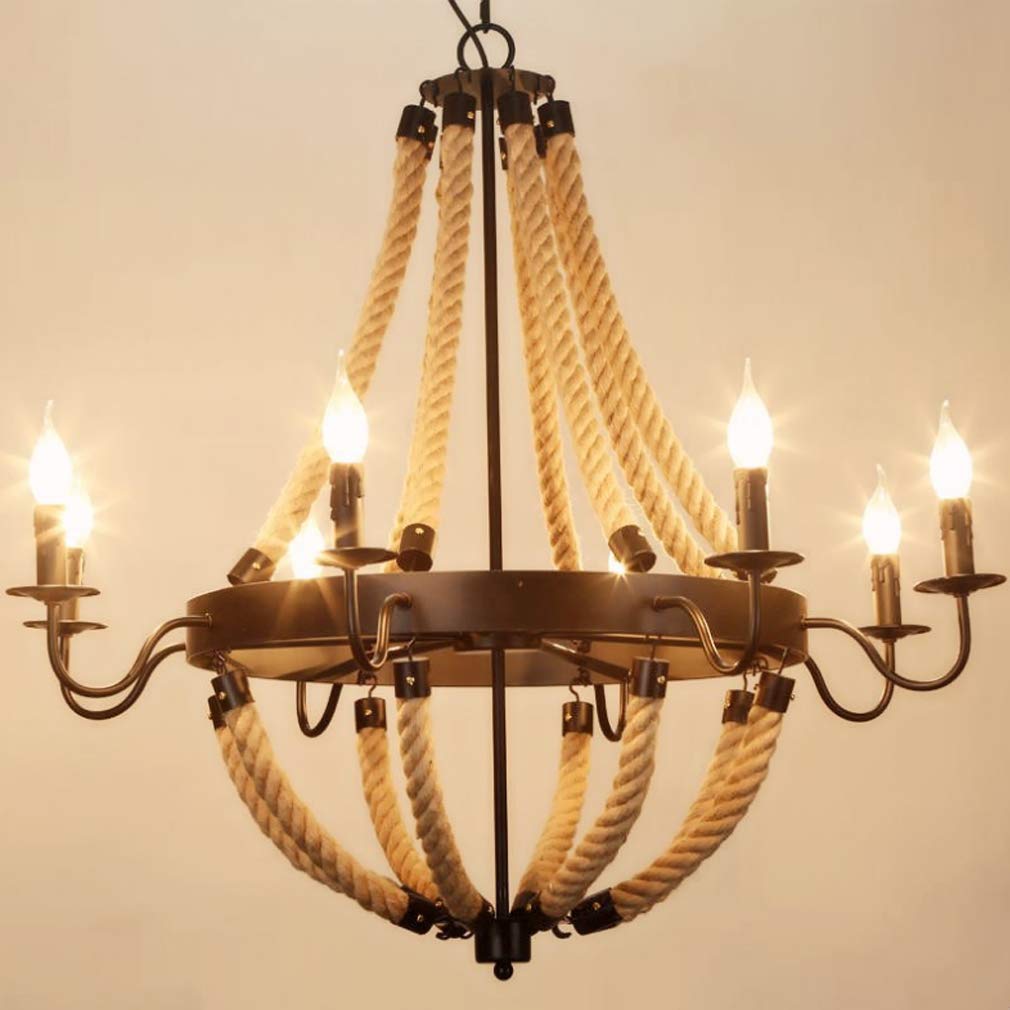 Rustikal Pendelleuchte Kronleuchter Schwarz industrial Vintage Hanfseil Hängelampe Esszimmerlampe Klassisch Retro Wohnzimmerlampe Landhaus Arbeitszimmer Lüster, 8-flammig E14, Höhenverstellbar, D85CM