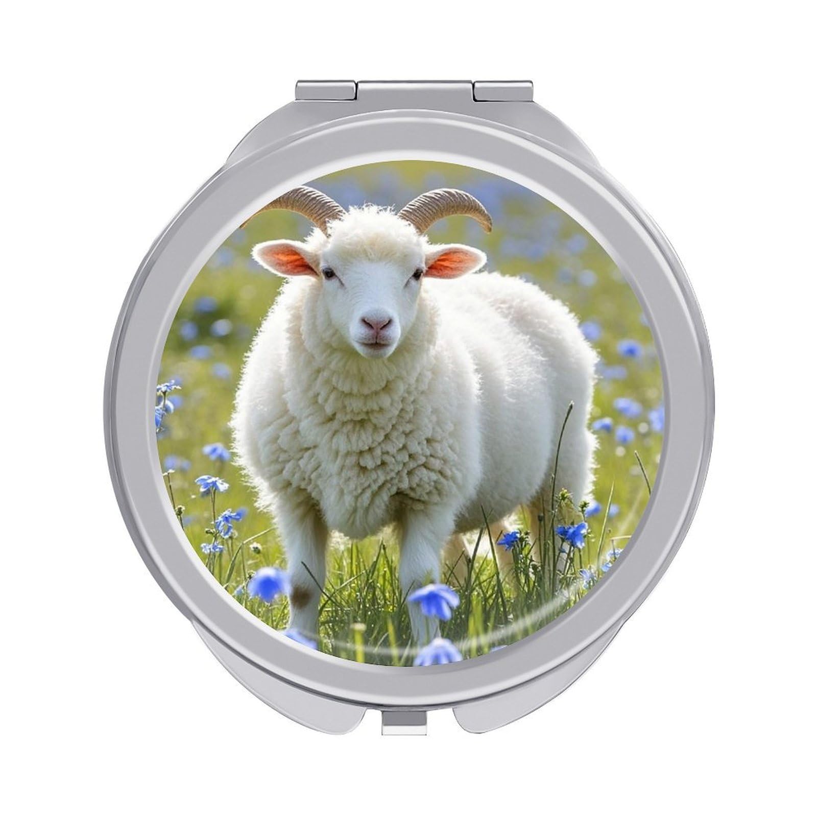 LZQPOEAS Sheep Travel Makeup Mirror 1X/2X Magnifying 2.4In Double Sided Metal Round Compact Mirrors Portable Mini Mirror for Purse, Pocket Folding Handheld for Women Gift