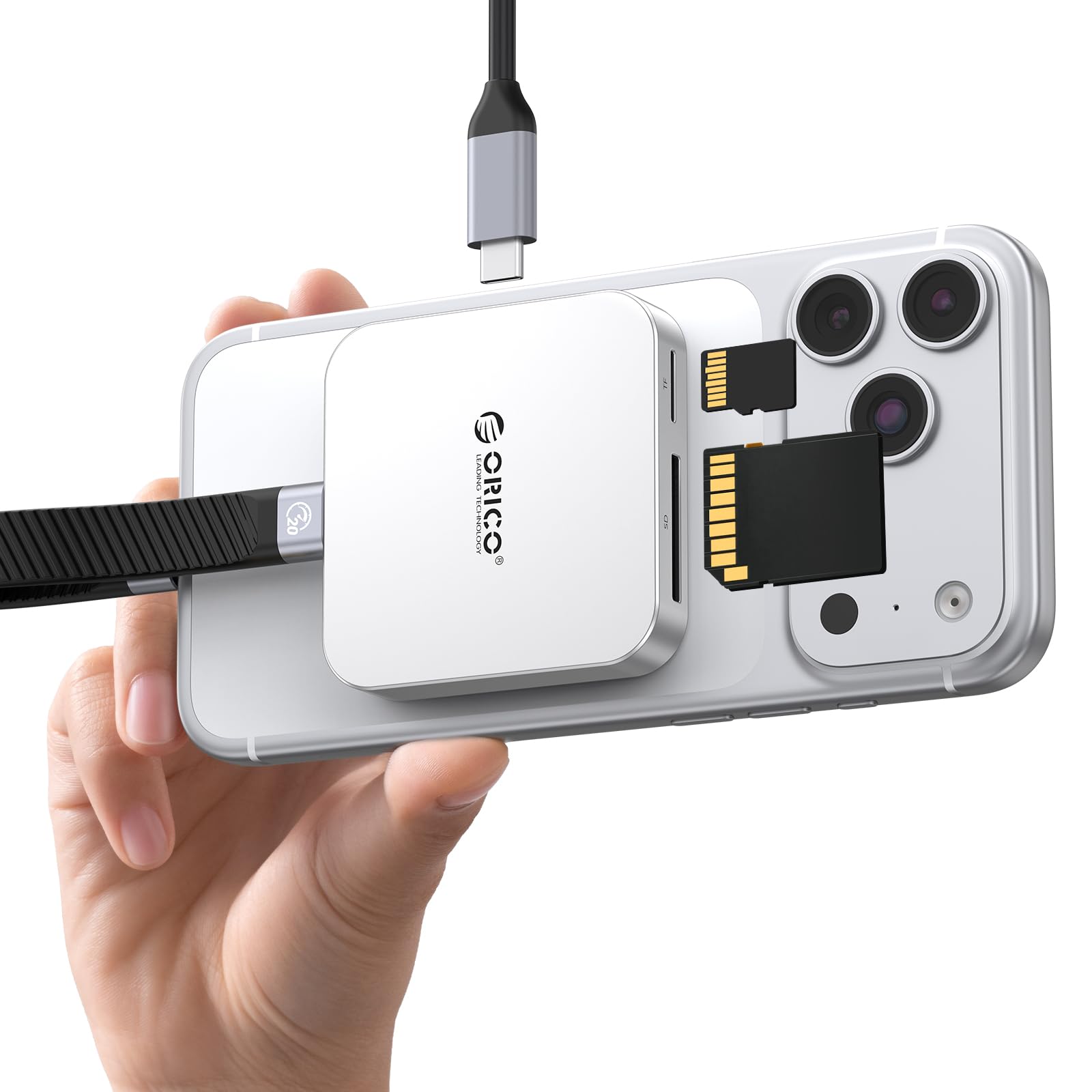 ORICO Lettore di schede SD magnetico con ricarica PD 100W, SD/TF 3.0, velocità di trasferimento dati 104 MB/s, Card Reader Compatibile con iPhone 17/16/15, iPad Pro e MacBook (Argento, 4 IN 1)