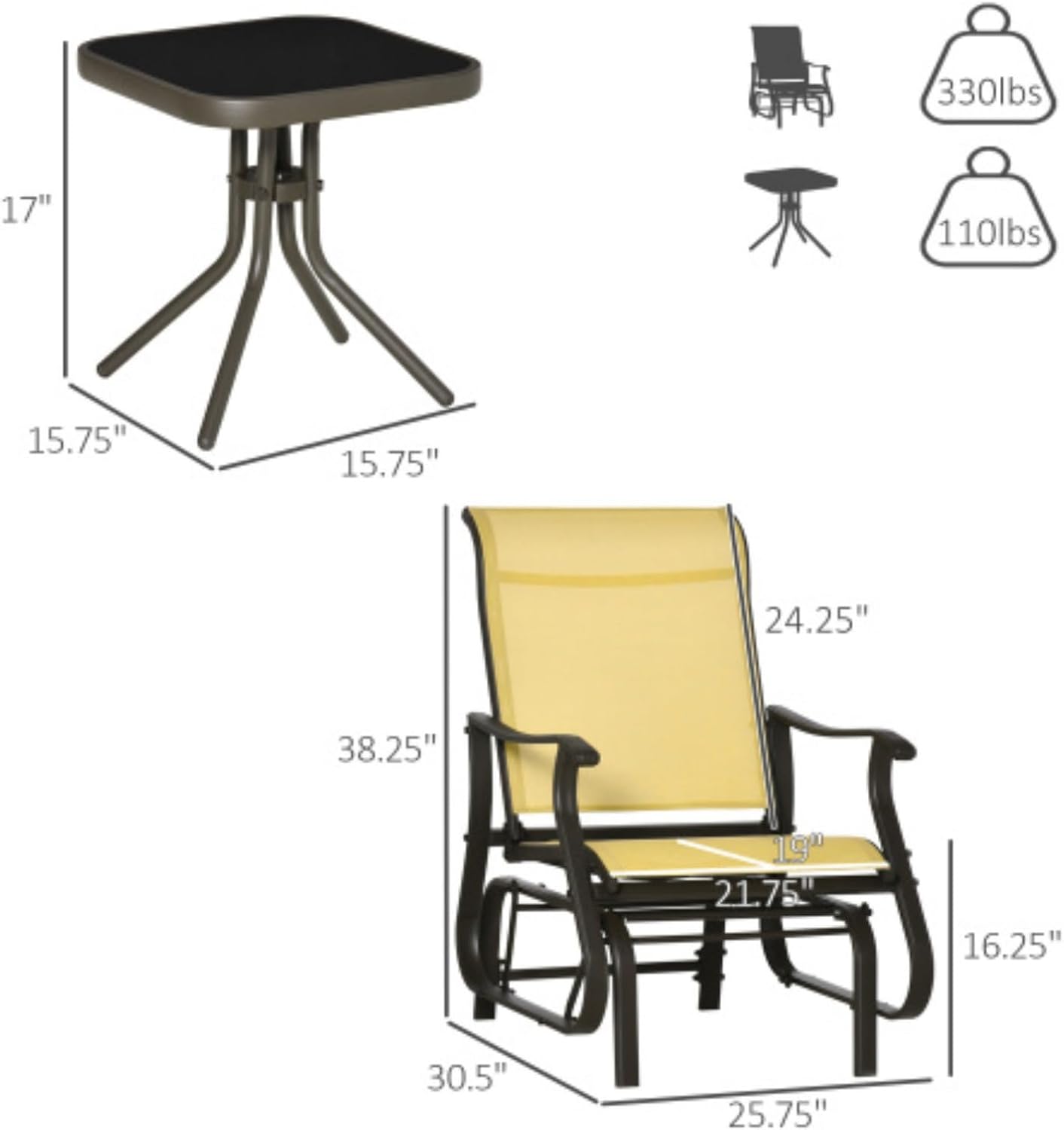 3-Piece Outdoor Sliding Table and Chair Set, Bistro Set, 2 Glider Chairs, 1 Table with Steel Frame, Tempered Glass Tabletop, Suitable for Patio, Garden, Backyard, Lawn, Beige