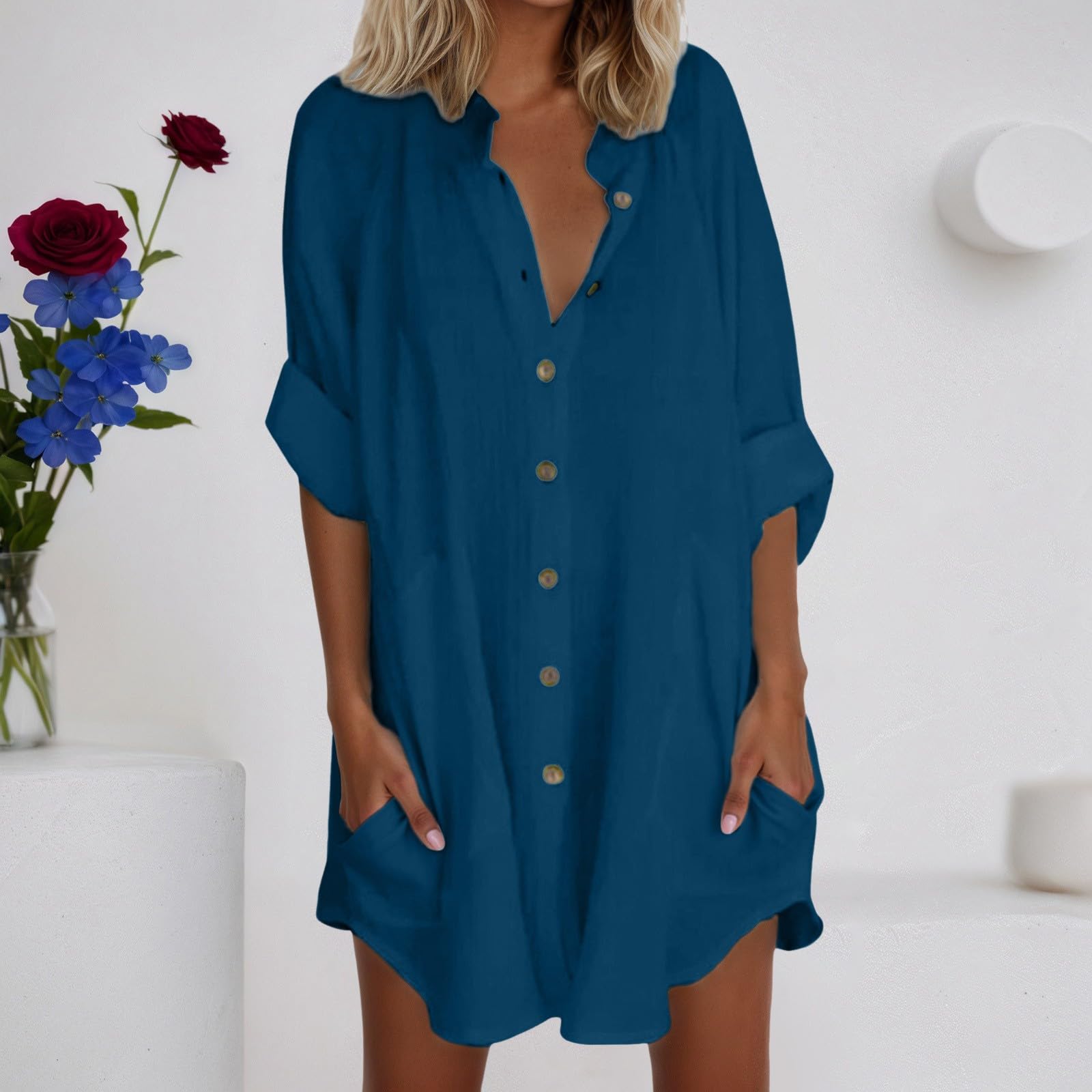 Generico Abito Estivo Donna in Lino con Bottoni da Spiaggia Casual Scollo a V Manica Corta Linea A Camicetta Elegante Lungo Dress Copricostume Prendisole