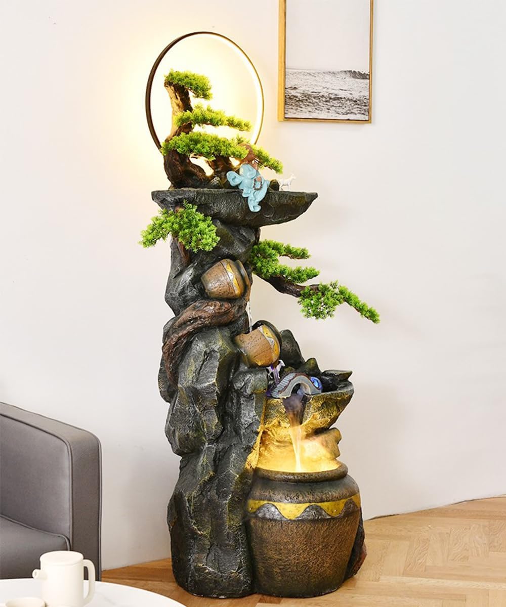 Rustic Pot Cascade Water Fountain with LED Lights and Bonsai Accents – Indoor/Outdoor Decorative Waterfall for Home, Garden, or Patio(2595)