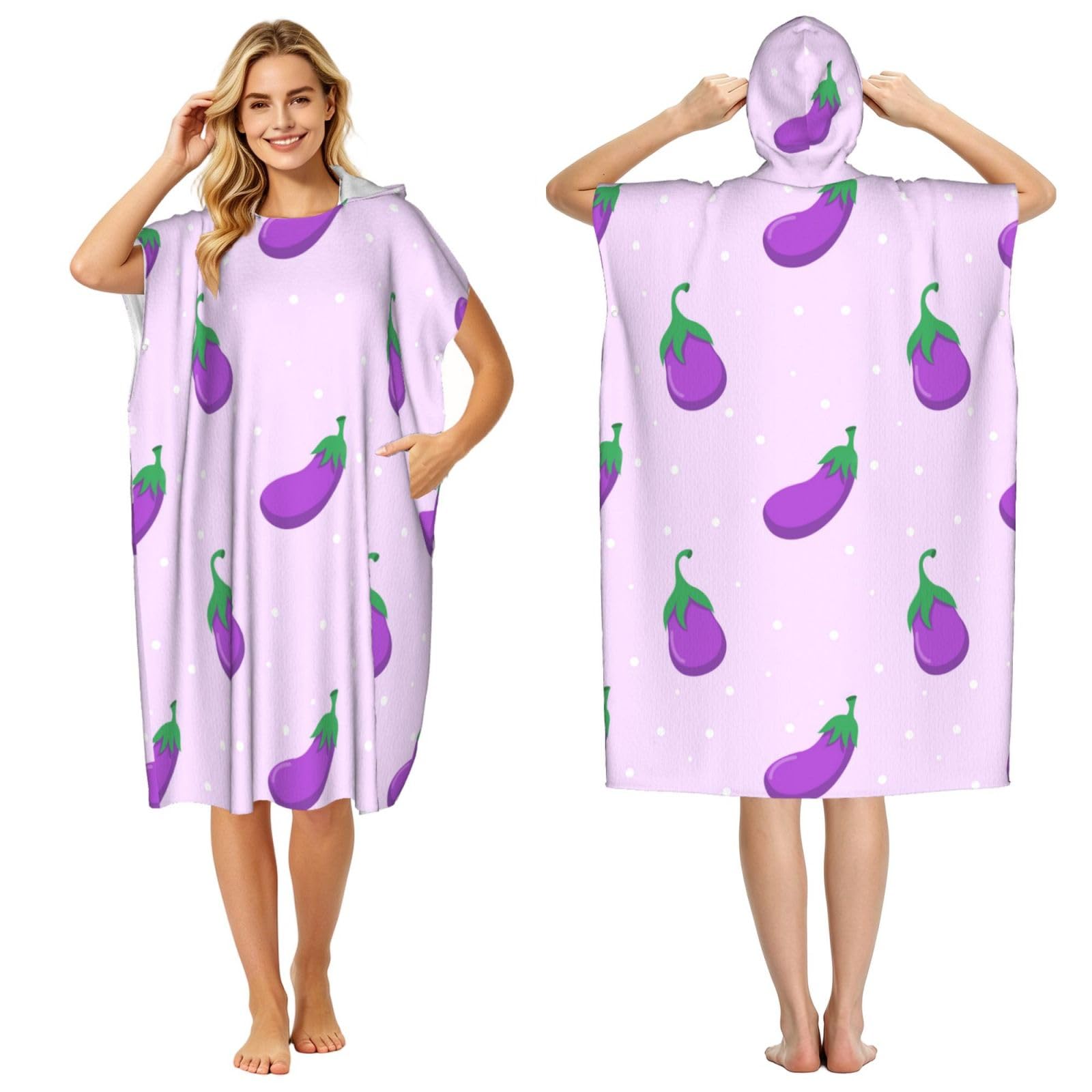 Poadnly Eggplant Vegetable Fruit, Adult Hooded Beach Towel 90 x 110 cm,Changing Bath Robe, Surf Poncho Towel For Women Men