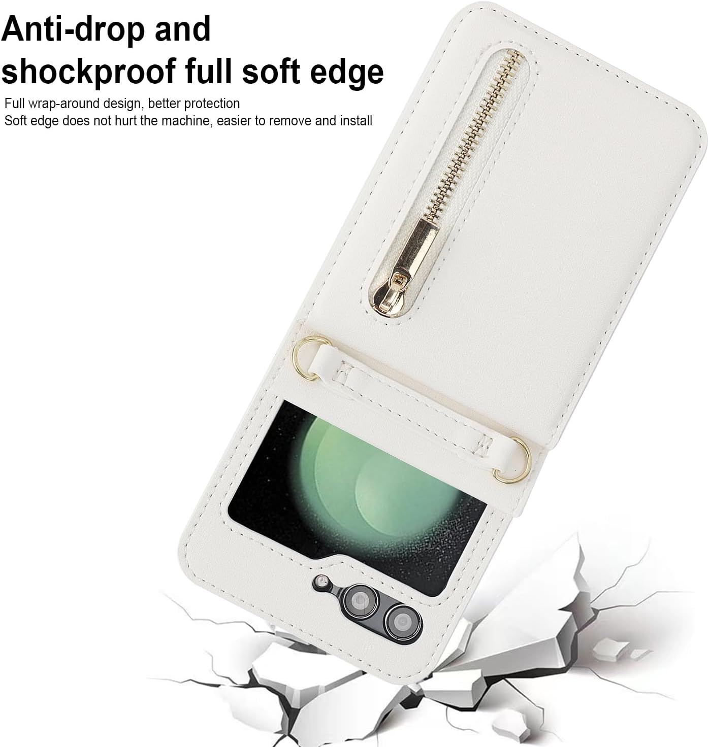for Samsung Galaxy Z Flip 6 Luxury Zipper Wallet Phone Case, Multi-Function Kickstand Card Holder Adjustable Crossbody Strap, Fashion Flip Case.(White)