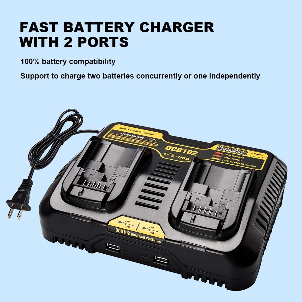 Best Seller DCB102BP Compatible with Dewalt Battery Charger, LENMAX DCB102 3A Dual USB& Fast Charger Compatible with Dewalt 20V Tools DCB102 DCB104 DCB118 20V/60V MAX Lithium Battery